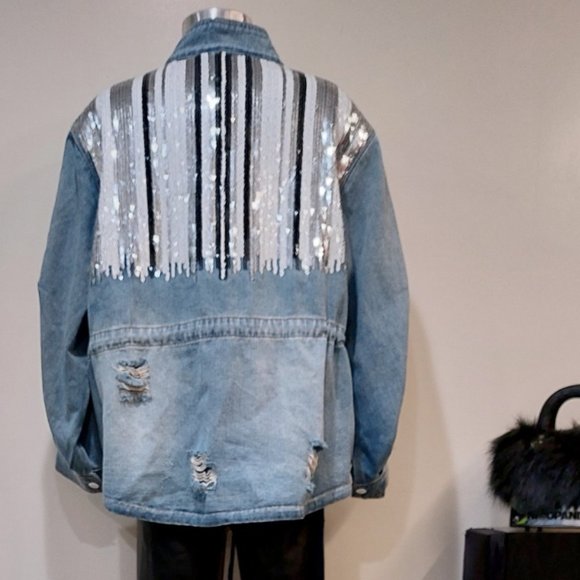 ๐ฅVTG 70s HIPPIE STYLE๐ฅ Distressed Sequinned Denim Anorak Jacket - Picture 10 of 16